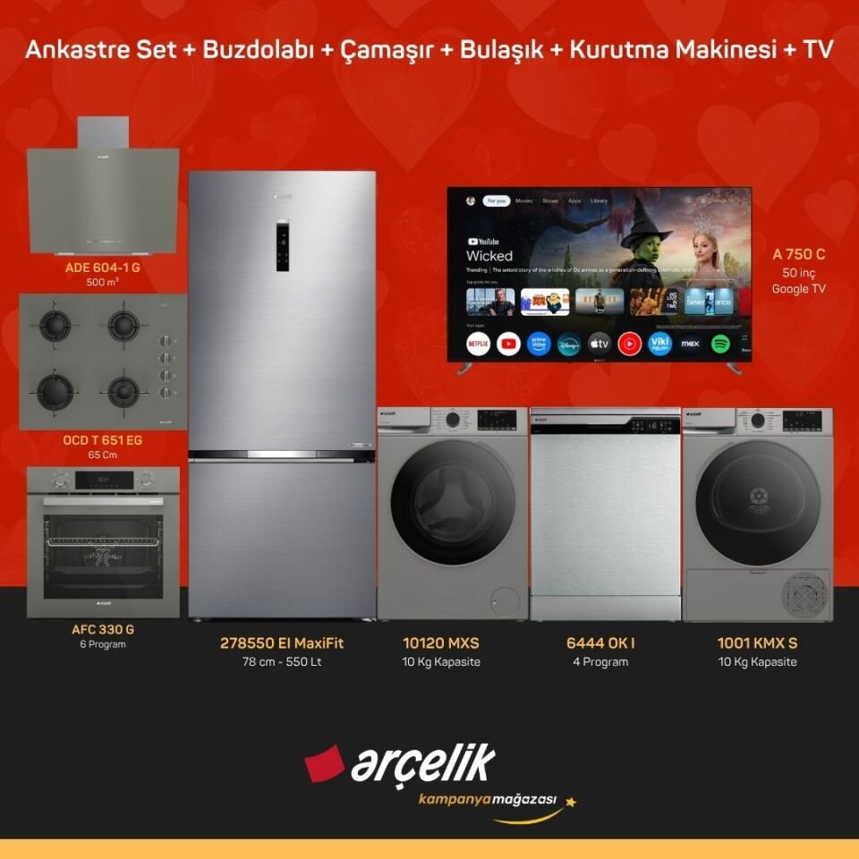 ARÇELİK 8'li Çeyiz Paketi ( 278550 EI MaxiFit - 10120 MXS - 6444 OK I - 1001 KMX S - A 750 C - ADE 604-1 G - AFC 330 G - OCD T 651 EG )