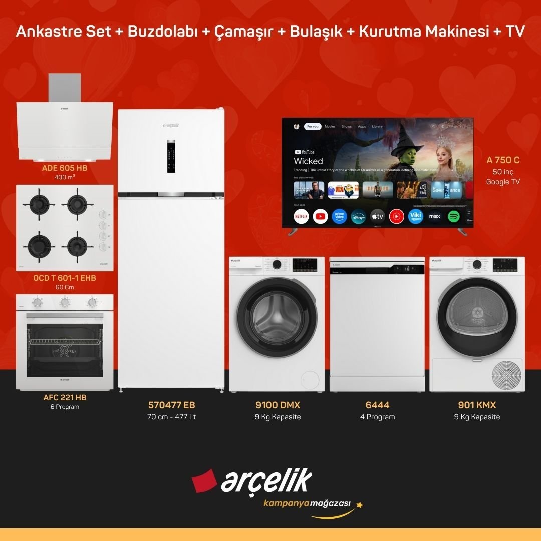 ARÇELİK 8'li Çeyiz Paketi ( 570477 EB - 9100 DMX - 6444 - 901 KMX - A 750 C - ADE 605 HB - AFC 221 HB - OCD T 601-1 EHB )