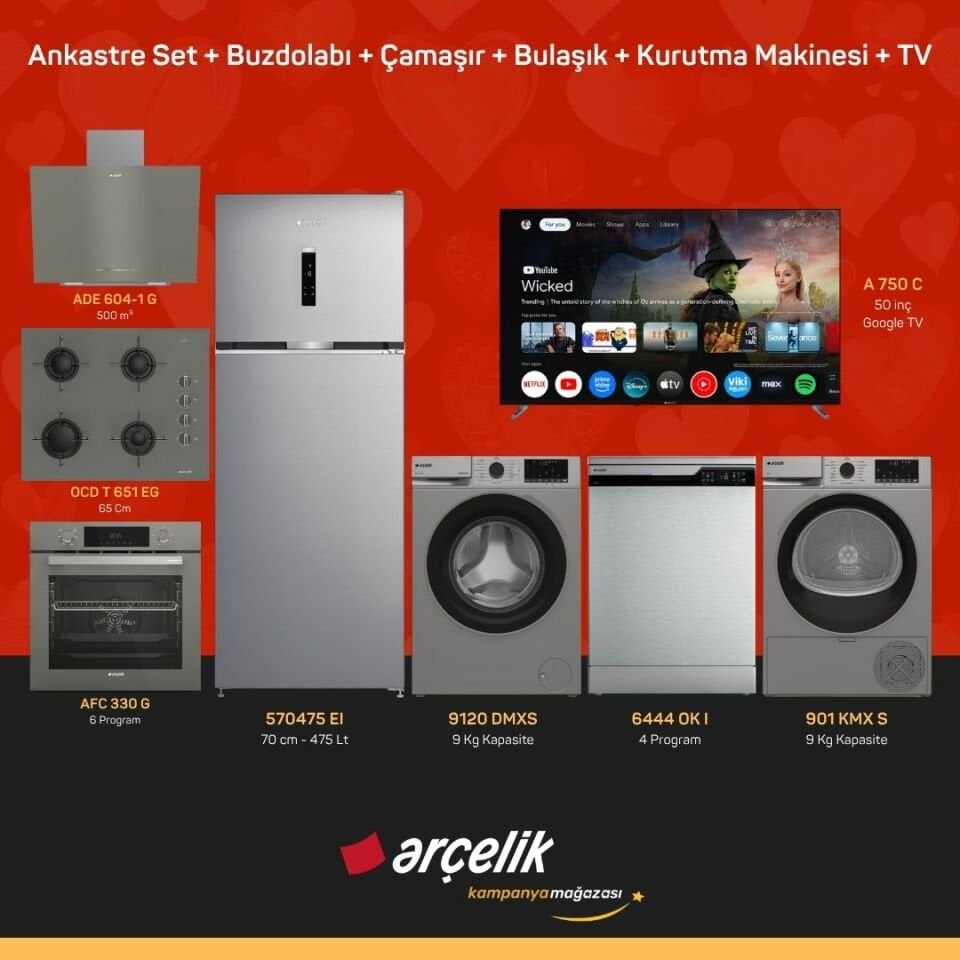 ARÇELİK 8'li Çeyiz Paketi ( 570475 EI - 9120 DMXS - 6444 OK I - 901 KMX S - A 750 C - ADE 604-1 G - AFC 330 G - OCD T 651 EG )