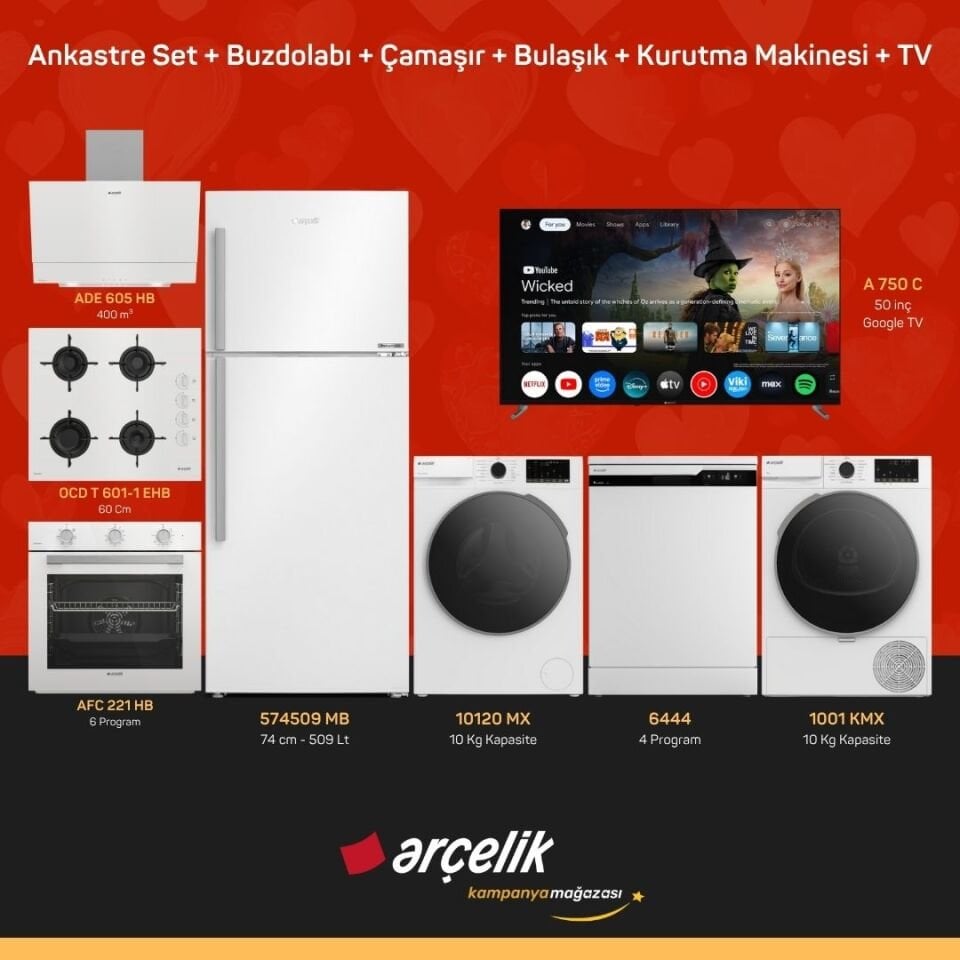 ARÇELİK 8'li Çeyiz Paketi ( 574509 MB - 10120 MX - 6444 - 1001 KMX - A 750 C - ADE 605 HB - AFC 221 HB - OCD T 601-1 EHB )