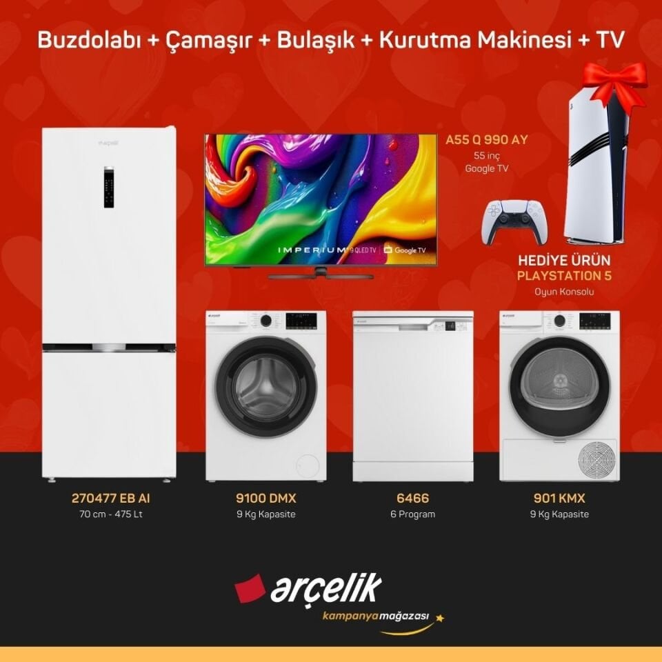ARÇELİK Playstation Hediyeli Çeyiz Paketleri ( 270477 EB AI - 9100 DMX - 6466 - 901 KMX - A55 Q 990 AY - PS5 )
