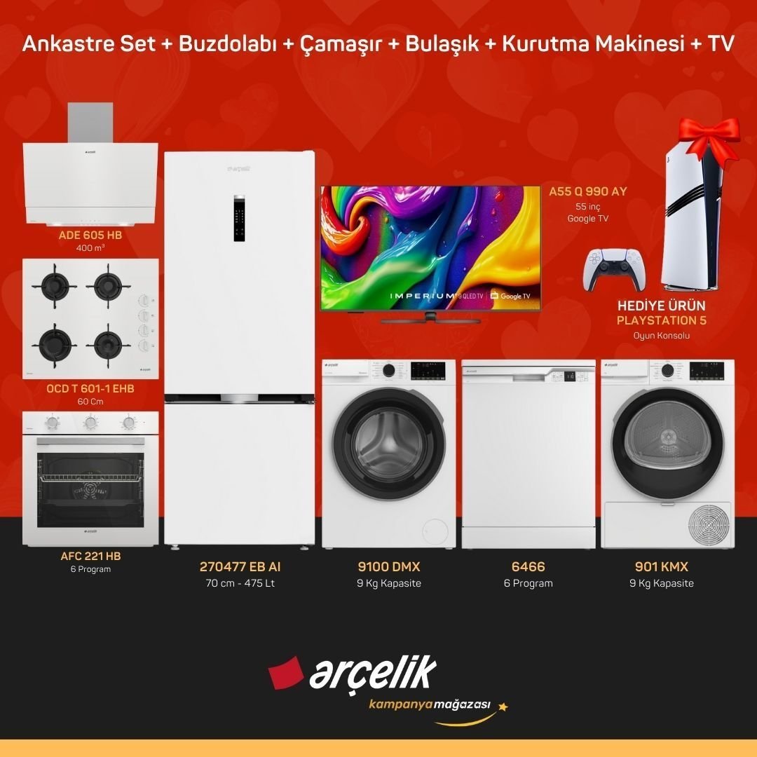 ARÇELİK Playstation Hediyeli Çeyiz Paketleri ( 270477 EB AI - 9100 DMX - 6466 - 901 KMX - A55 Q 990 AY - ADE 605 HB - AFC 221 HB - OCD T 601-1 EHB - PS5