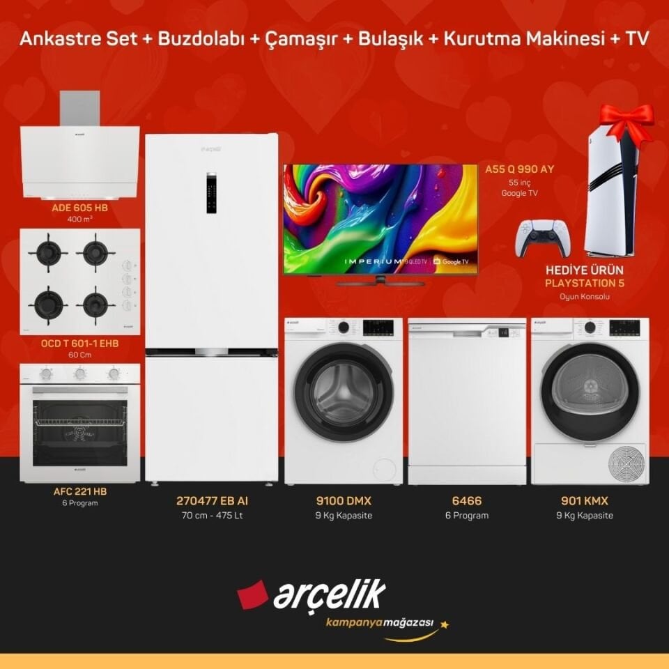ARÇELİK Playstation Hediyeli Çeyiz Paketleri ( 270477 EB AI - 9100 DMX - 6466 - 901 KMX - A55 Q 990 AY - ADE 605 HB - AFC 221 HB - OCD T 601-1 EHB - PS5