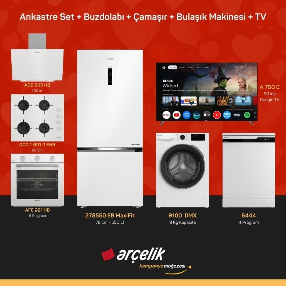 ARÇELİK 7'li Çeyiz Paketi ( 278550 EB MaxiFit - 9100 DMX - 6444 - A 750 C - ADE 605 HB - AFC 221 HB - OCD T 601-1 EHB )