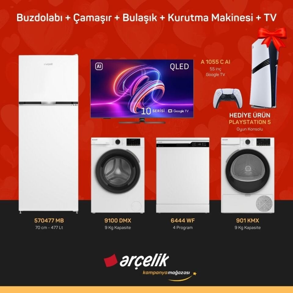 ARÇELİK Playstation Hediyeli Çeyiz Paketleri ( 570477 MB - 9100 DMX - 6444 WF - 901 KMX - A 1055 C AI - PS5 )