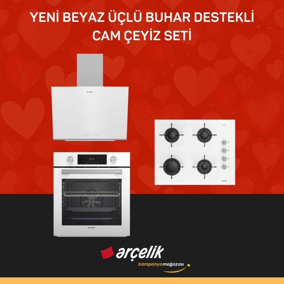 ARÇELİK YENİ BEYAZ ÜÇLÜ BUHAR DESTEKLİ CAM ÇEYİZ SETİ