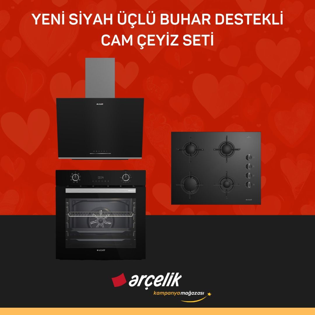 ARÇELİK YENİ SİYAH ÜÇLÜ BUHAR DESTEKLİ CAM ÇEYİZ SETİ