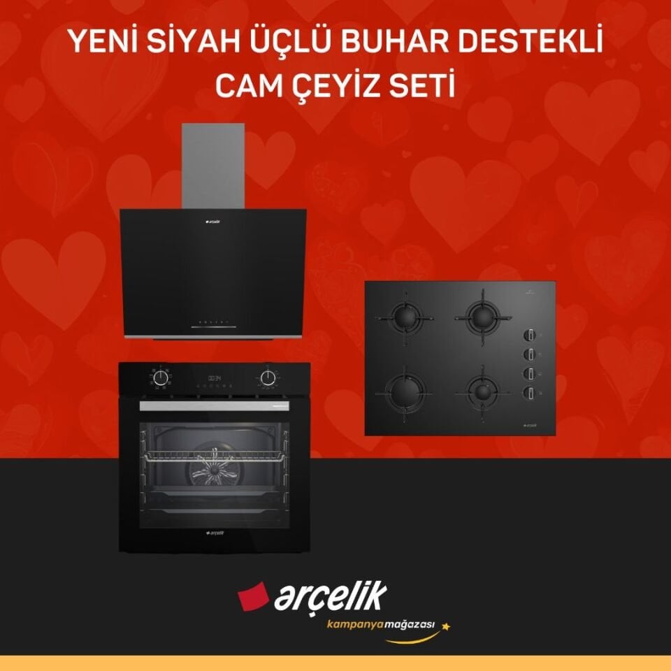 ARÇELİK YENİ SİYAH ÜÇLÜ BUHAR DESTEKLİ CAM ÇEYİZ SETİ
