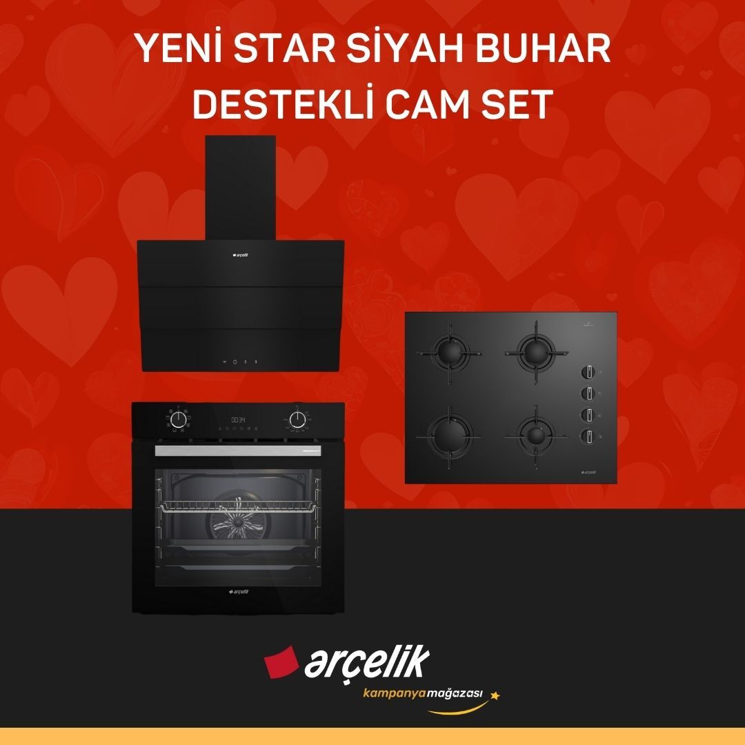 ARÇELİK YENİ STAR SİYAH BUHAR DESTEKLİ CAM SET