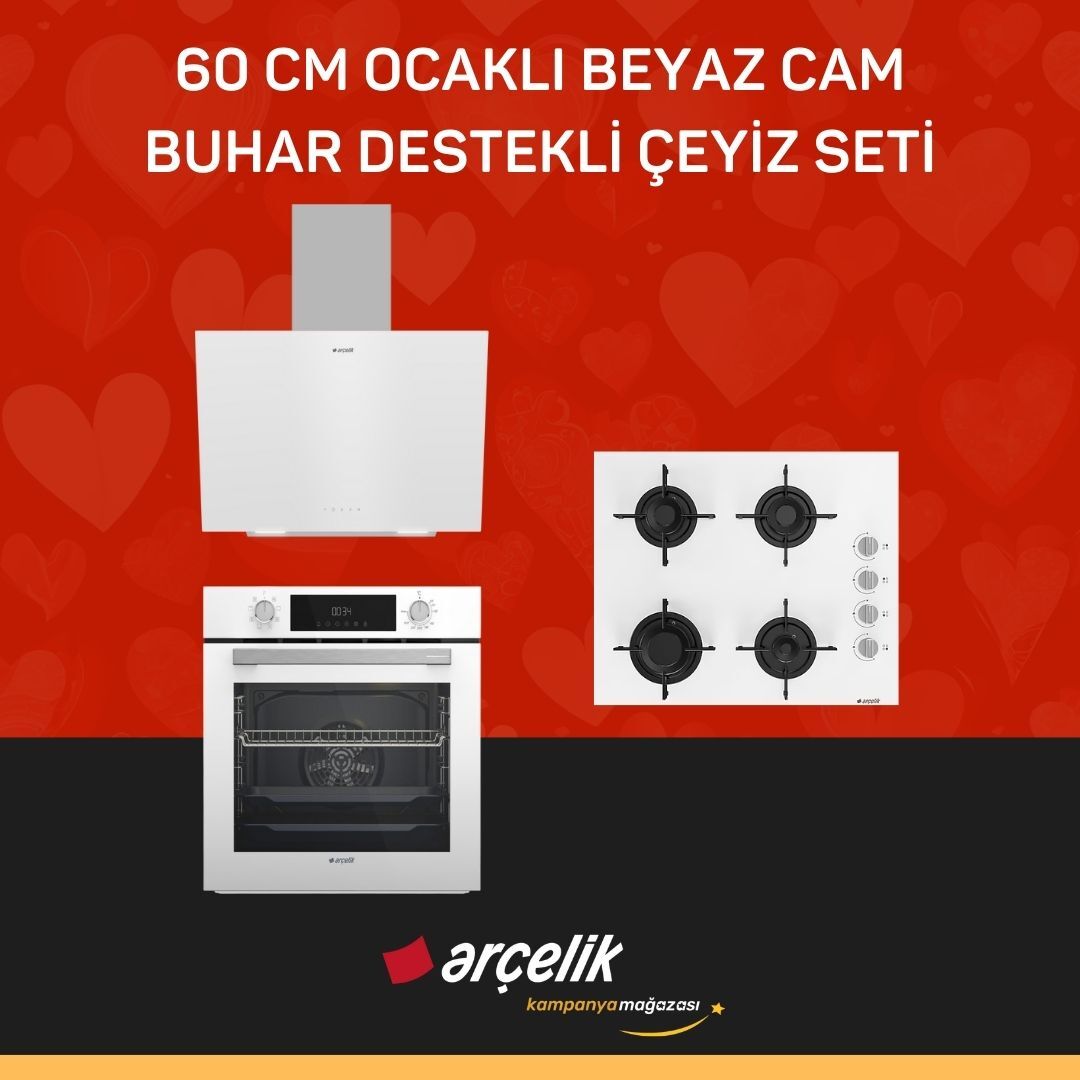 ARÇELİK 60 CM OCAKLI BEYAZ CAM BUHAR DESTEKLİ ÇEYİZ SETİ