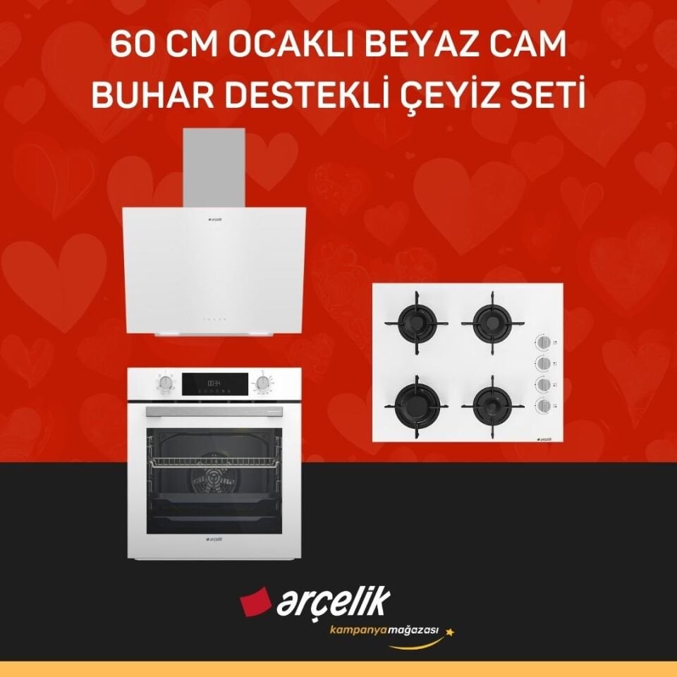 ARÇELİK 60 CM OCAKLI BEYAZ CAM BUHAR DESTEKLİ ÇEYİZ SETİ