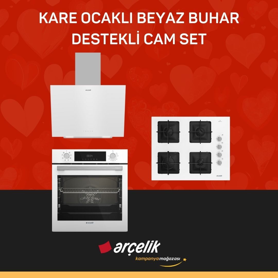 ARÇELİK KARE OCAKLI BEYAZ BUHAR DESTEKLİ CAM SET ( ADE 606-4 B - AFC 341 B - OCD K 651 EB )