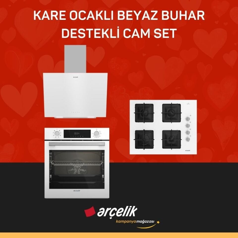 ARÇELİK KARE OCAKLI BEYAZ BUHAR DESTEKLİ CAM SET